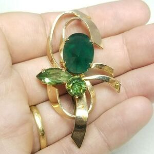 Vintage Green Rhinestone and Gold Tone Retro Brooch, 50s 60s Style, Estate